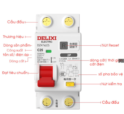 Aptomat cài ray RCBO 2P 25A chống giật, chống rò, chống quá tải ngắn mặt DELIXI