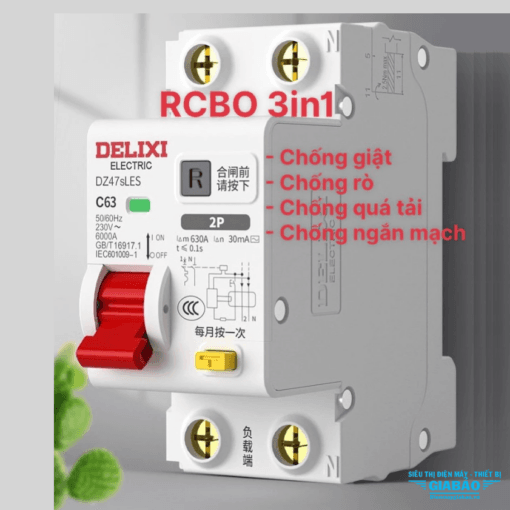 Aptomat cài ray RCBO 2P 63A chống giật, chống rò, chống quá tải ngắn mặt DELIXI