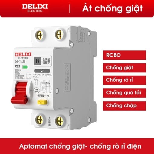 Aptomat cài ray RCBO 2P 63A chống giật, chống rò, chống quá tải ngắn mặt DELIXI