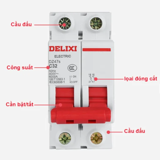 Aptomat cài ray MCB 2P 32A chống quá tải ngắn mặt DELIXI